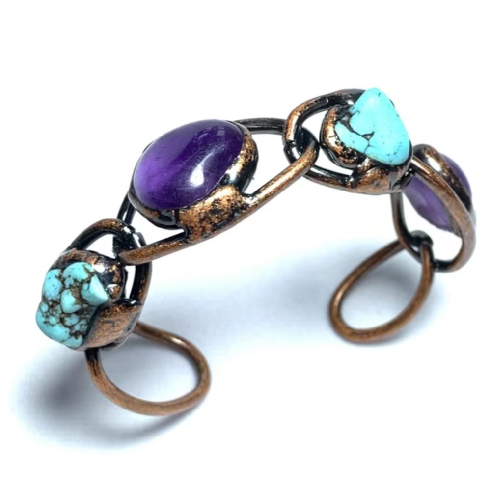 Turquoise and Amethyst bronze Bracelet - Picture 3 of 12